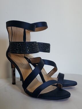 BCBGMaxAzria Black Satin Strappy Heeled Sandals with Embellished Ankle Band